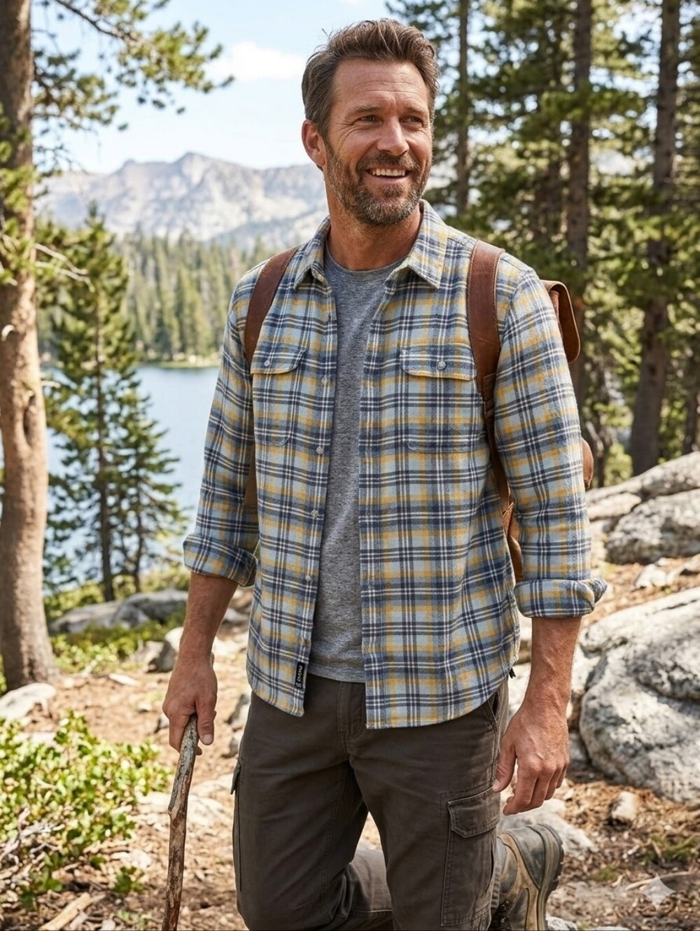 Prana Men's Blue and Yellow Plaid Shirt